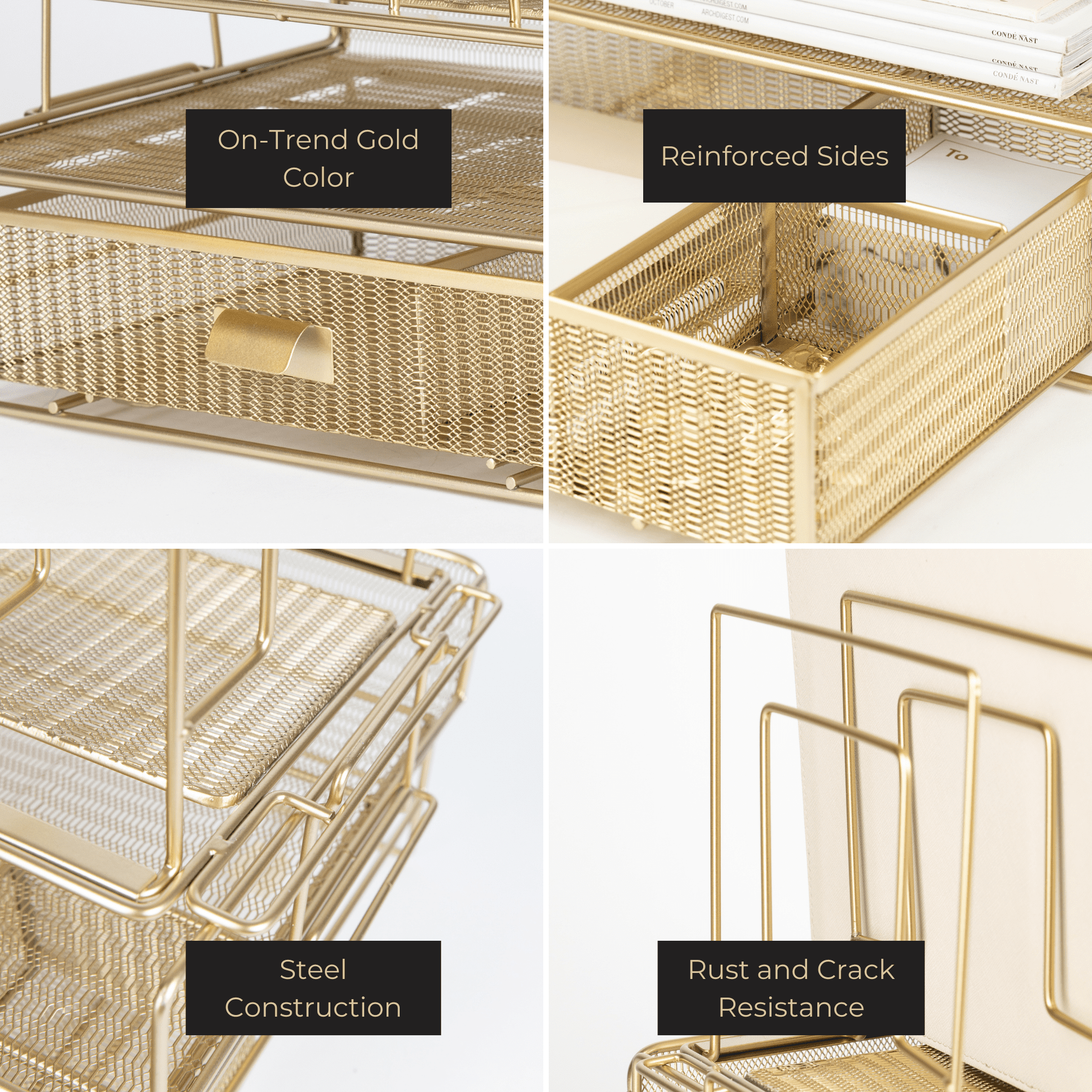 Gold Desk Organizer - Gold Desk Accessories for Women Office Set Includes Detachable File Organizer, Stackable Paper Tray, Stackable Drawer - Gold Office Supplies for Desk Gold File Organizer for Des