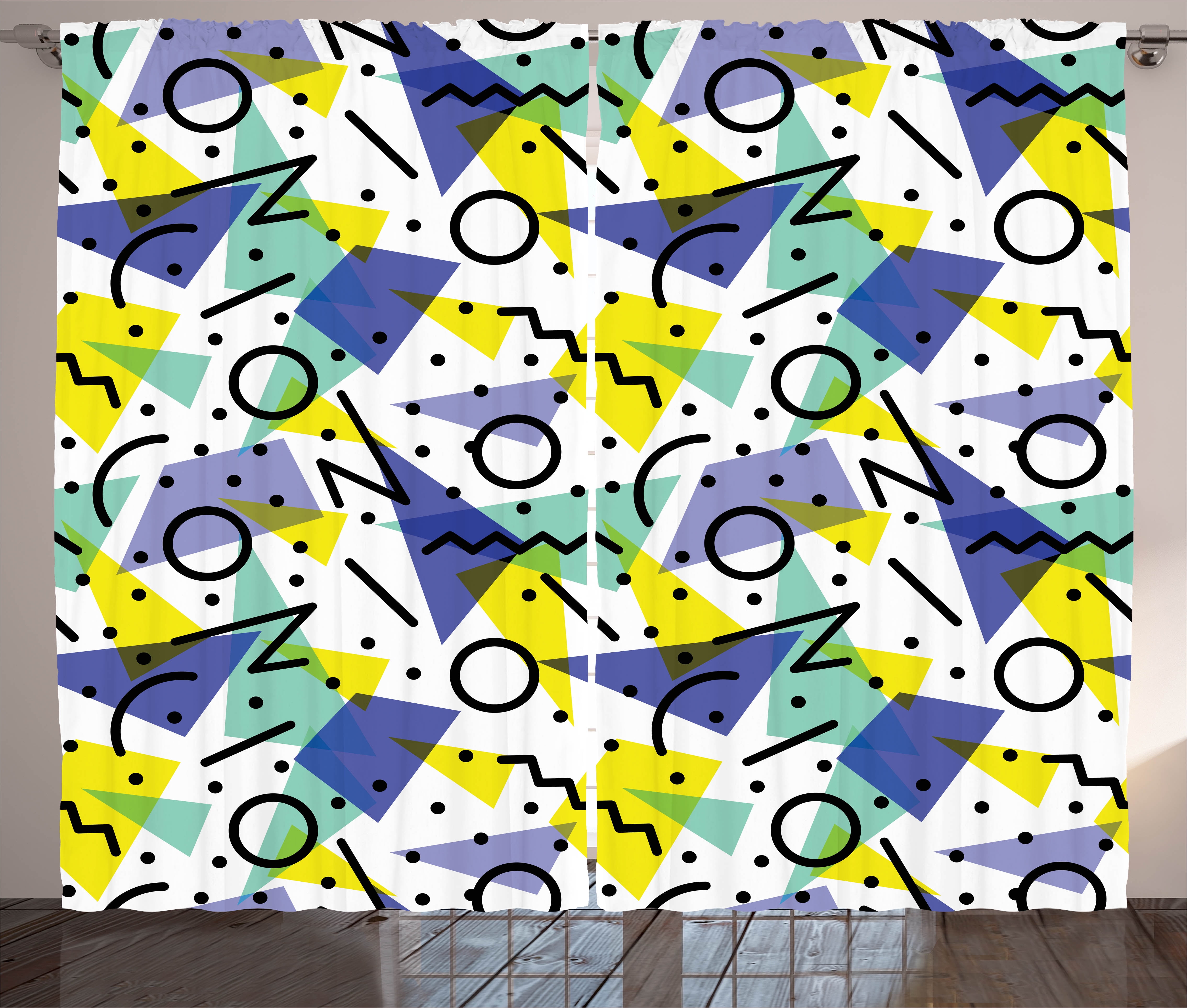 Modern Decor Curtains 2 Panels Set Geometric Retro 80s Themed