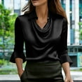 thumbnail image 3 of ZQGJB Womens Elegant Cowl Neck Satin Blouse Ruffled 3/4 Length Sleeve Collared T-Shirts Tops Dressy Business Casual Office Work Silk Shirt Fall Spring Outfits Black XL, 3 of 9