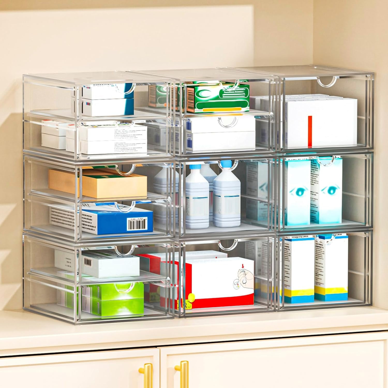 Makeup Organizer Storage with 16 Drawers, 4 Pcs Desktop Office Supplies, Desk Organizers, Clear Accessories, Dustproof Storage Drawer for Make Up, Jewelry, Pen, Stationery