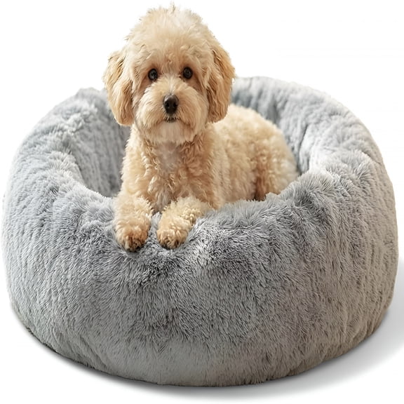 XIBUFE Small Dog&Cat Beds for Indoor Cats-20 Inches Calming Donut Dog Bed for Kittens&Puppies,Washable Round Fluffy Plush Faux Fur Pet Beds (Smoke Grey)