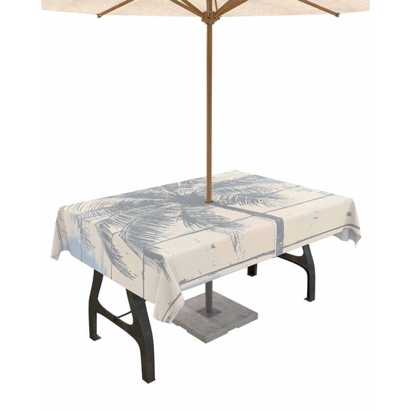 Hokiten Outdoor Tablecloths with Umbrella Hole & Zipper, Summer Coconut Tree Tablecloth Rectangle 60x84 Inch, Farmhouse Botanical Plants Wooden Waterproof Table Cloth, Patio/Pool/Picnic Table Covers