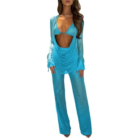 

Gureui Women’s Casual Outfits Sleeveless Halter Neck Triangle Bra + Long Sleeve Backless Deep V Neck Tops + High Waist Straight Leg See-through Pants 3Pcs Clothes Set