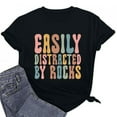 thumbnail image 6 of YHAJDS Women's Short Sleeve Tops Easily Distracted By Rocks Letter Print Round Neck Loose Tee, 6 of 7