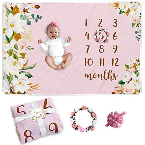 Newborn Month Blanket Personalized Shower Gift Soft Fleece Photography Background Photo Prop Floral Elephant Blanket with Frame Headband Large 51x40 Baby Monthly Milestone Blanket Girl