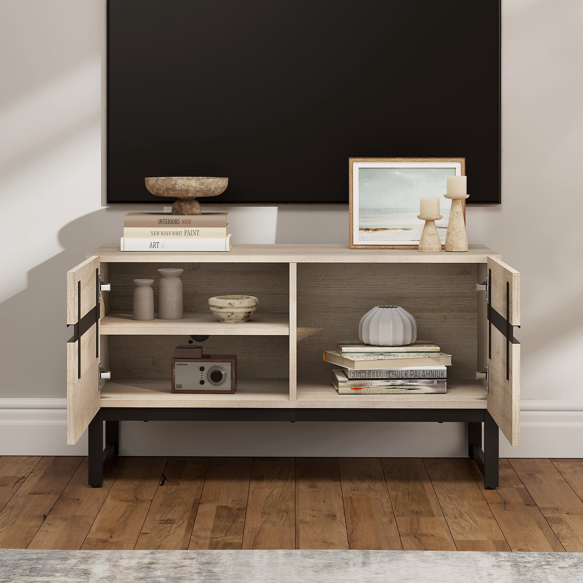 Modern TV Stand for TVs up to 50 inch, Entertainment Center TV Console with Storage Cabinets and Metal Base,Media Console for Living Room