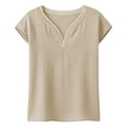 thumbnail image 4 of Conairie Women Linen Shirts Regular Fit Short Sleeve V Neck Solid Shirt Comfortable Soft Basic Work Tee Vacation Clothes Beige L, 4 of 5