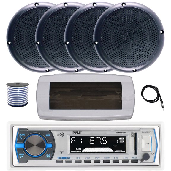 Pyle PLMRB29W Single DIN Bluetooth Marine MP3 AM/FM Stereo Receiver with White Cover, 22" Radio Antenna, Wire, 4x 5.25" 20 Watt Max Polycone Audio Speakers (Black, Bulk Packaging)