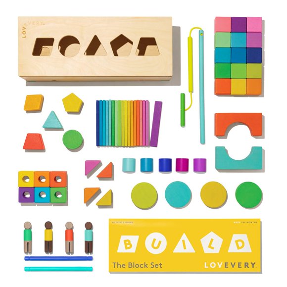 LOVEVERY | The Block Set | Solid Wood Building Blocks and Shapes + Wooden Storage Box, 70 Pieces, 18 Colors, 20+ Activities, Toddler Block