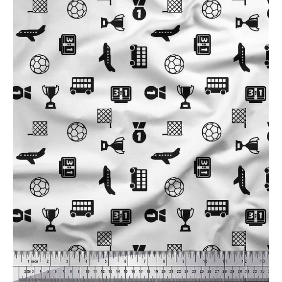 Soimoi Black Cotton Voile Fabric Vehicles,Trophy & Football Sports Printed Fabric 1 Yard 42 Inch Wide