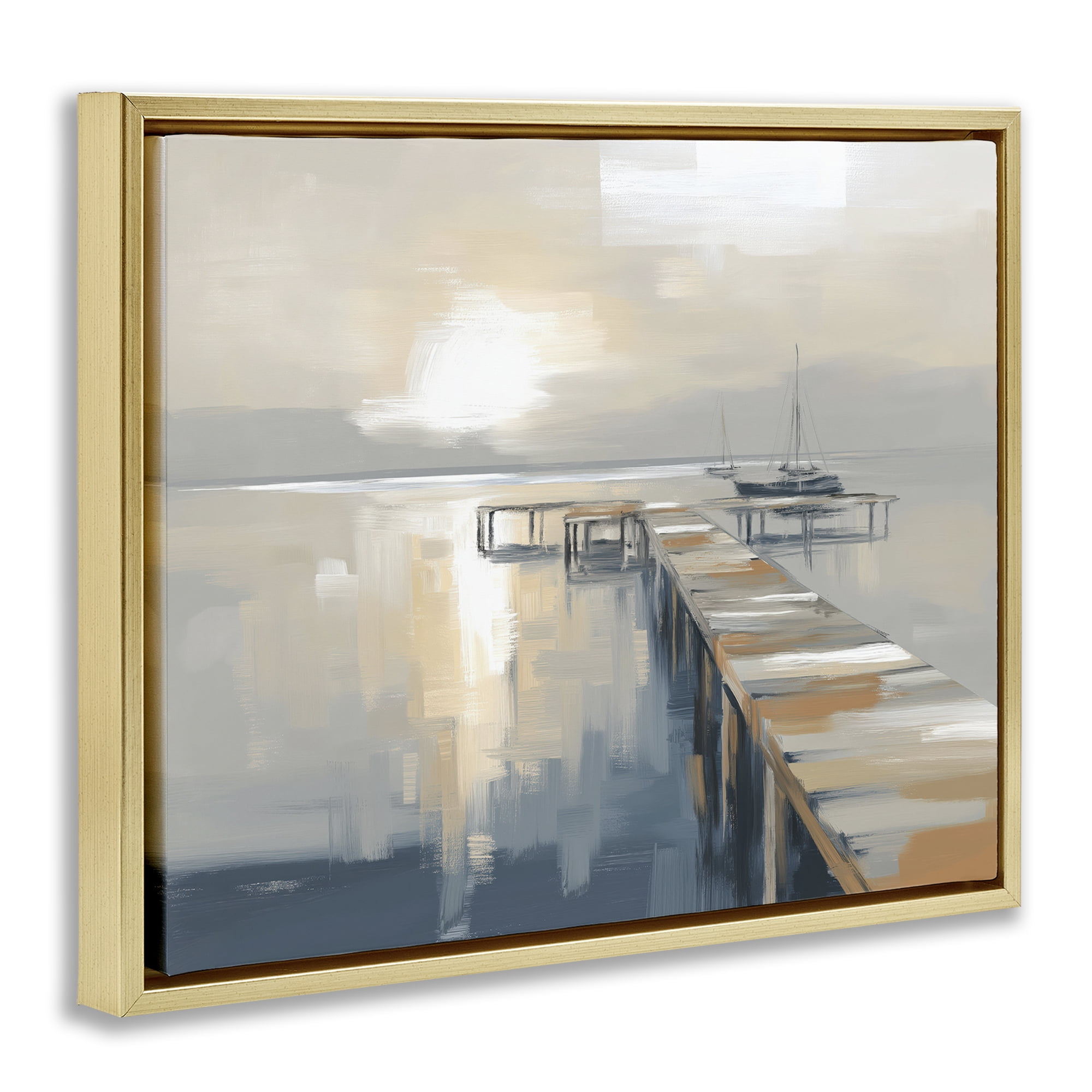 Stupell Industries Pier with Sailboat Seascape Gold Framed Floater Canvas Wall Art, design by Kim Curinga