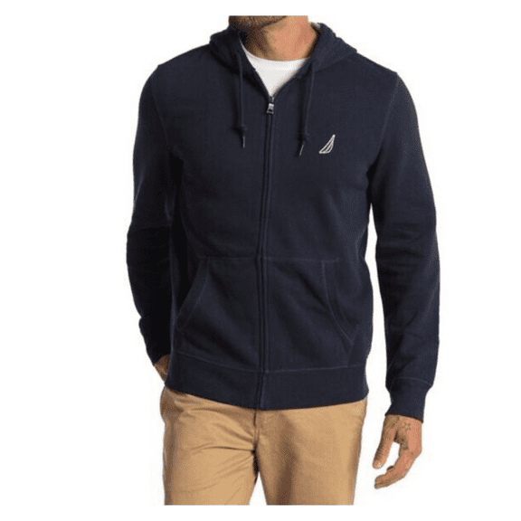 Nautica Fleece Zip Front Hoodie,Navy,Sz M