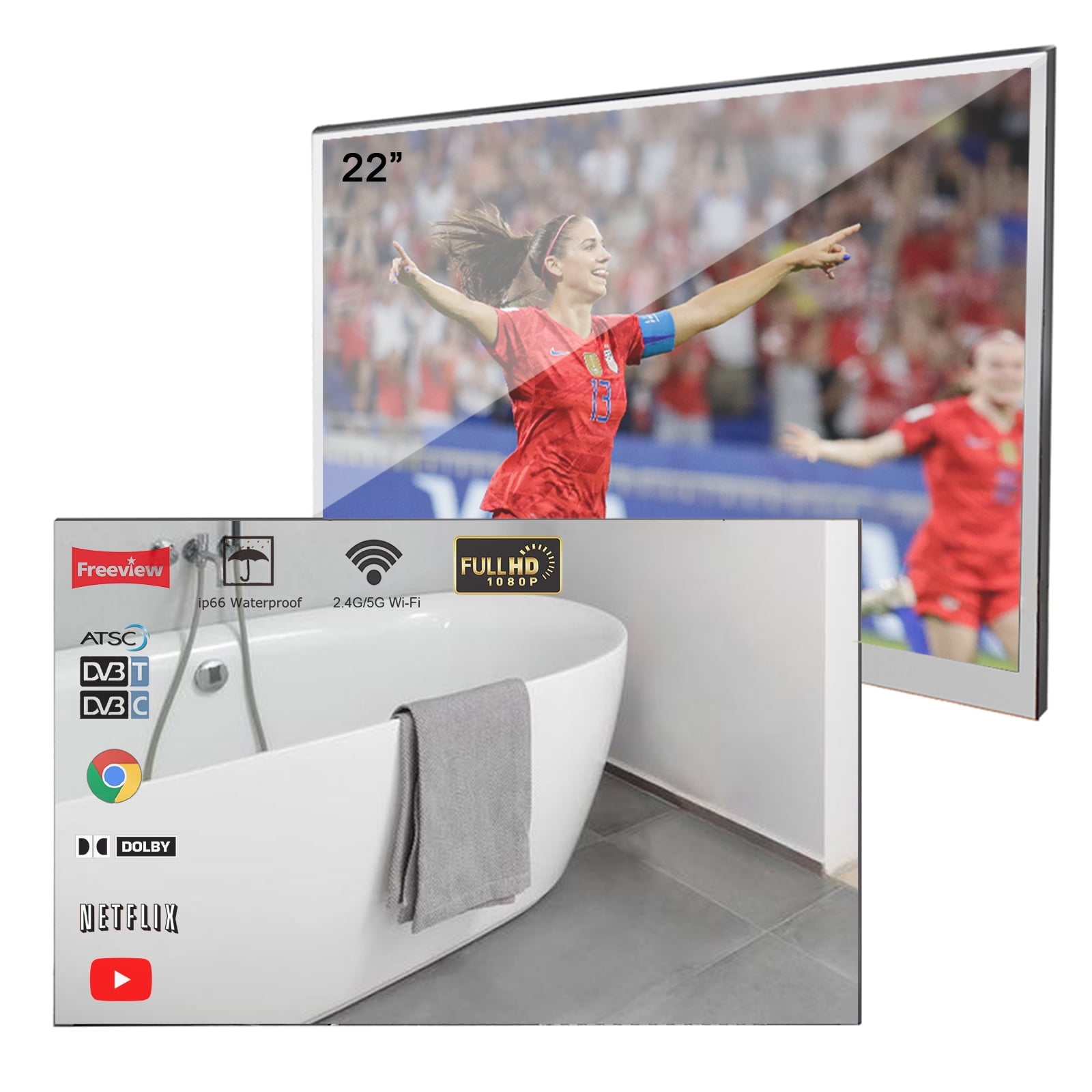 Elecsung 22 inches Smart LED TV Bluetooth WiFi Magic Mirror Waterproof Shower Television for Bathroom Spa Television