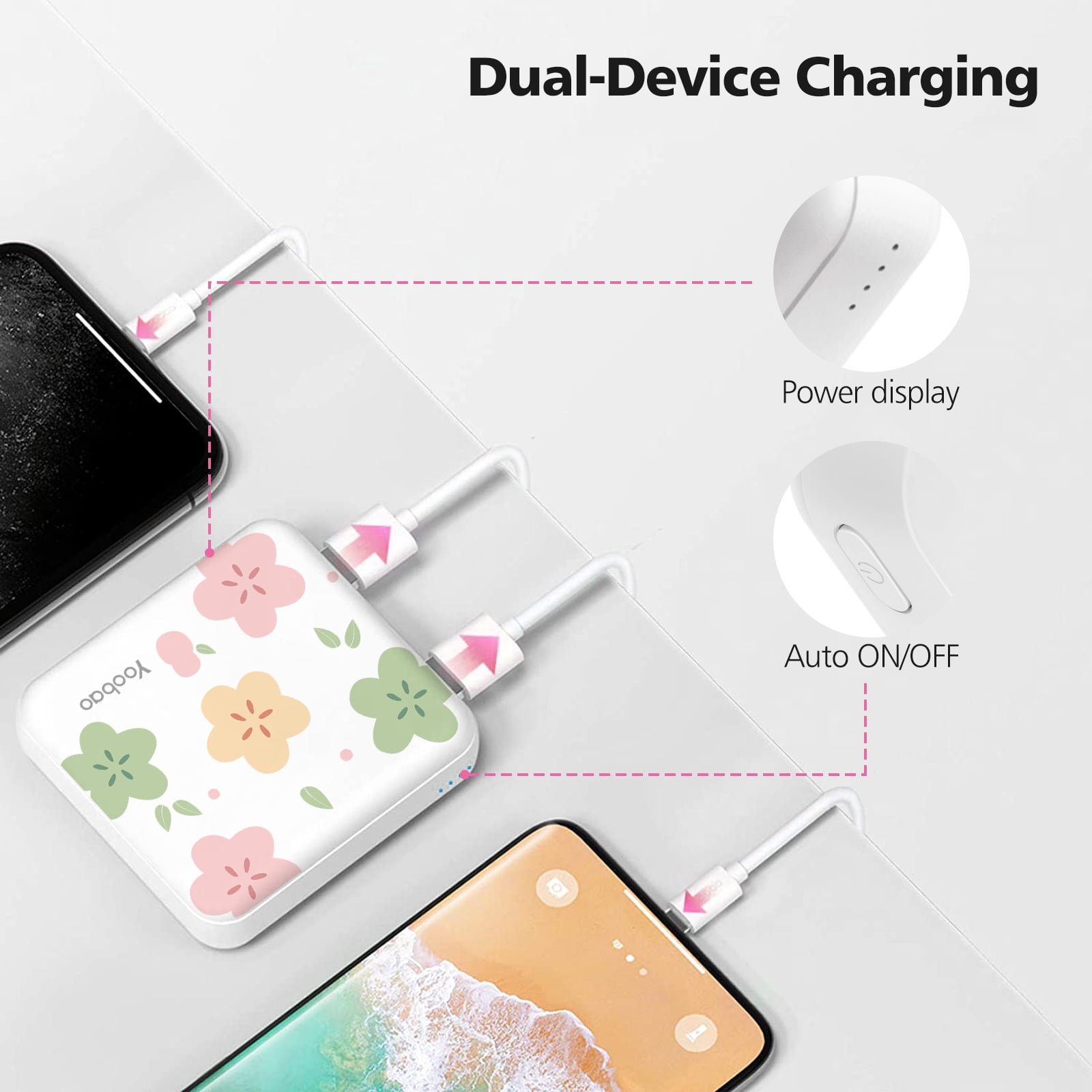 Portable Charger 10000mAh, Yoobao Cute Power Bank for Girls Mini Fast Charging Compact Battery Pack with Dual USB Output & Inport (2.1A Type-C and 8-Pin Input), Compatible with iPhone, iPad-White