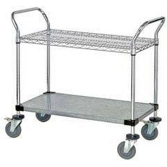 21" Deep x 48" Wide x 39" High 2 Tier Heavy Duty Chrome Wire Utility Cart with 1 Wire Shelf & 1 Solid Shelf