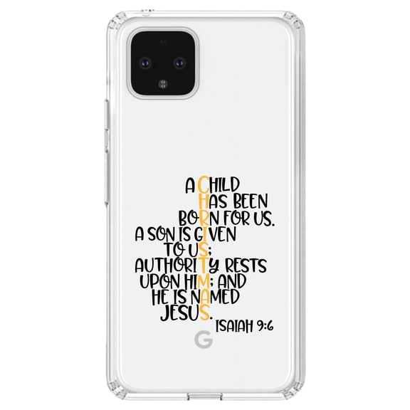 DistinctInk Clear Shockproof Hybrid Case for Google Pixel 4 XL (6.3" Screen) - TPU Bumper Acrylic Back Tempered Glass Screen Protector - Christmas - Isaiah 9:6 - Black Yellow