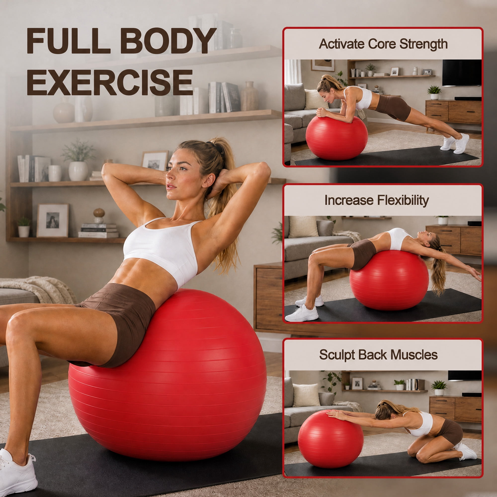 Signature Fitness 85 cm Yoga Exercise Ball with Foot Pump, Anti-Burst Slip-Resistant Stability Ball for Pregnancy, Pilates, Fitness, Balance & Core Workouts, Red