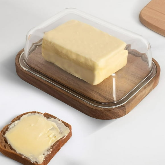 Borosilicate Glass Butter Dish With Bamboo Lid, Transparent | Borosilicate Glass Container For Storage | Microwave Safe | Bamboo Butter Board | Container For Kitchen | Butter Tray (Dark Brown)