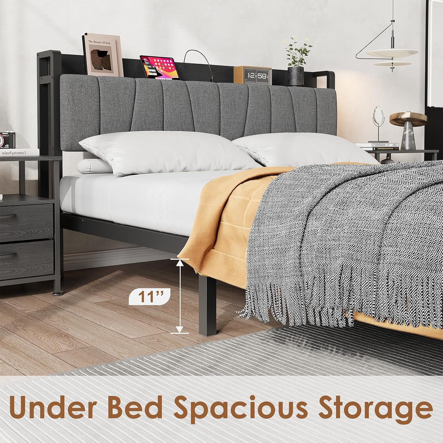 Yesurprise King Size Bed Frame with Storage Headboard, Industrial Full Platform Bed with 2 Large Drawers and Charging Station, No Box Spring Needed Noise Free