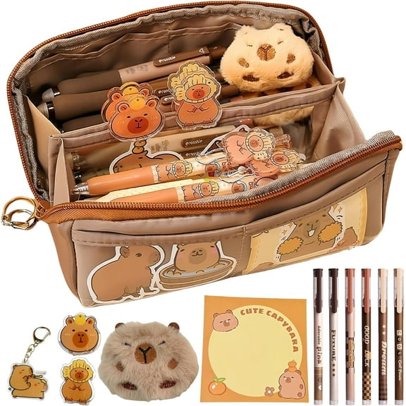 Adorable Capybara Pencil Case with 16PCS Cute Accessories, Kawaii Pen Pouch: Includes Pens, Capybara Plush Brooch, Keychain, Clips, Note, and Stickers