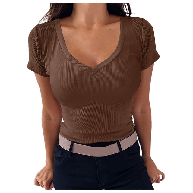 Women V Neck Ribbed Fitted Tight T-Shirt - Short Sleeve Basic Knit Top with Polyester Spandex Blend