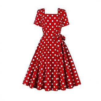 Women's 1950s Vintage Polka Dot Halter Swing Dress - Rockabilly Cocktail Dress, Red, Medium