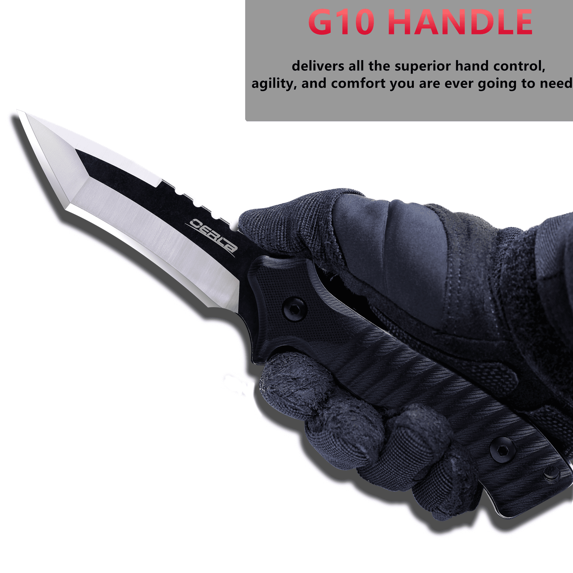 Oerla OLK-038A Tactical Fixed Blade Knife - 9.45in Overall with 440C Stainless Steel and Black G10 Handle Kydex Sheath