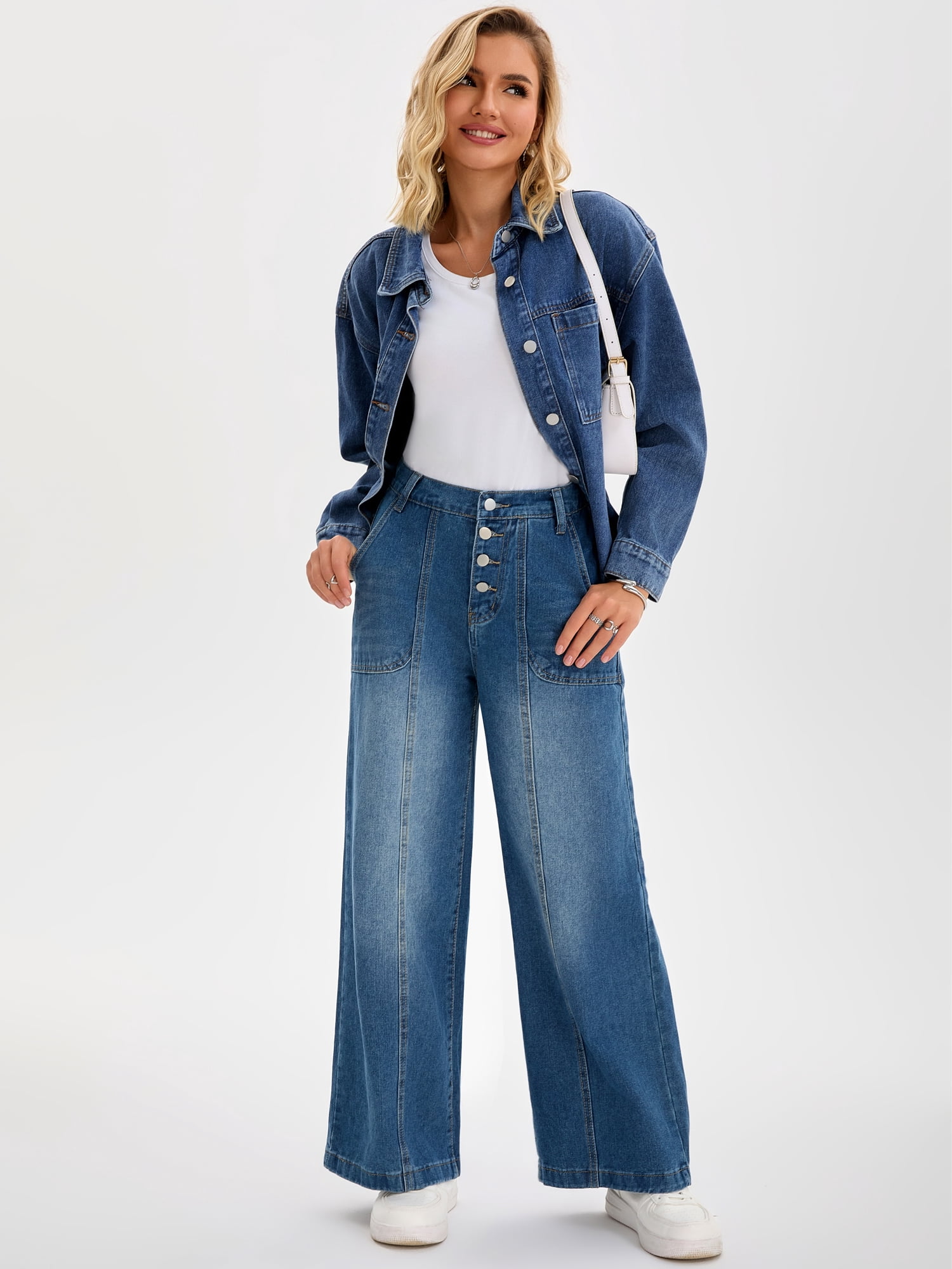 DARING DIVA Women's Button Fly Stretchy Straight Loose Denim Wide Leg Pants XL Blue