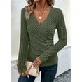 thumbnail image 6 of Womens Long Sleeve Shirts V Neck Ribbed Knit Slim Fit Button Light-Weight Sweater Fall Casual Work Tops Army Green M, 6 of 10