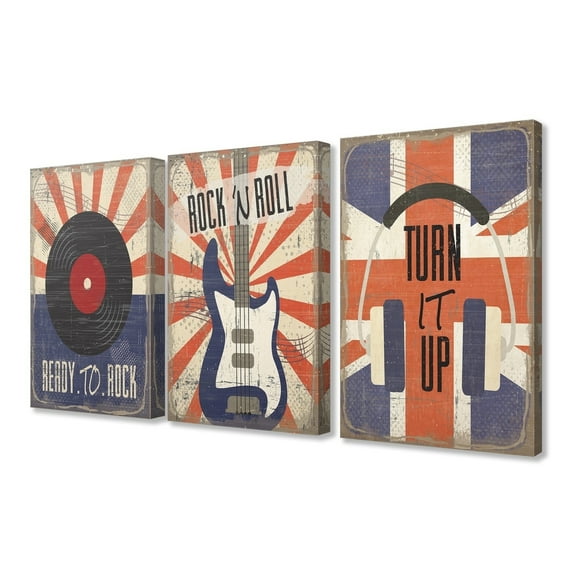 Stupell Orange and Blue Rock And Roll Music Set of 3 3pc Stretched Canvas Art Set, 16 x 1.5 x 20, Made in