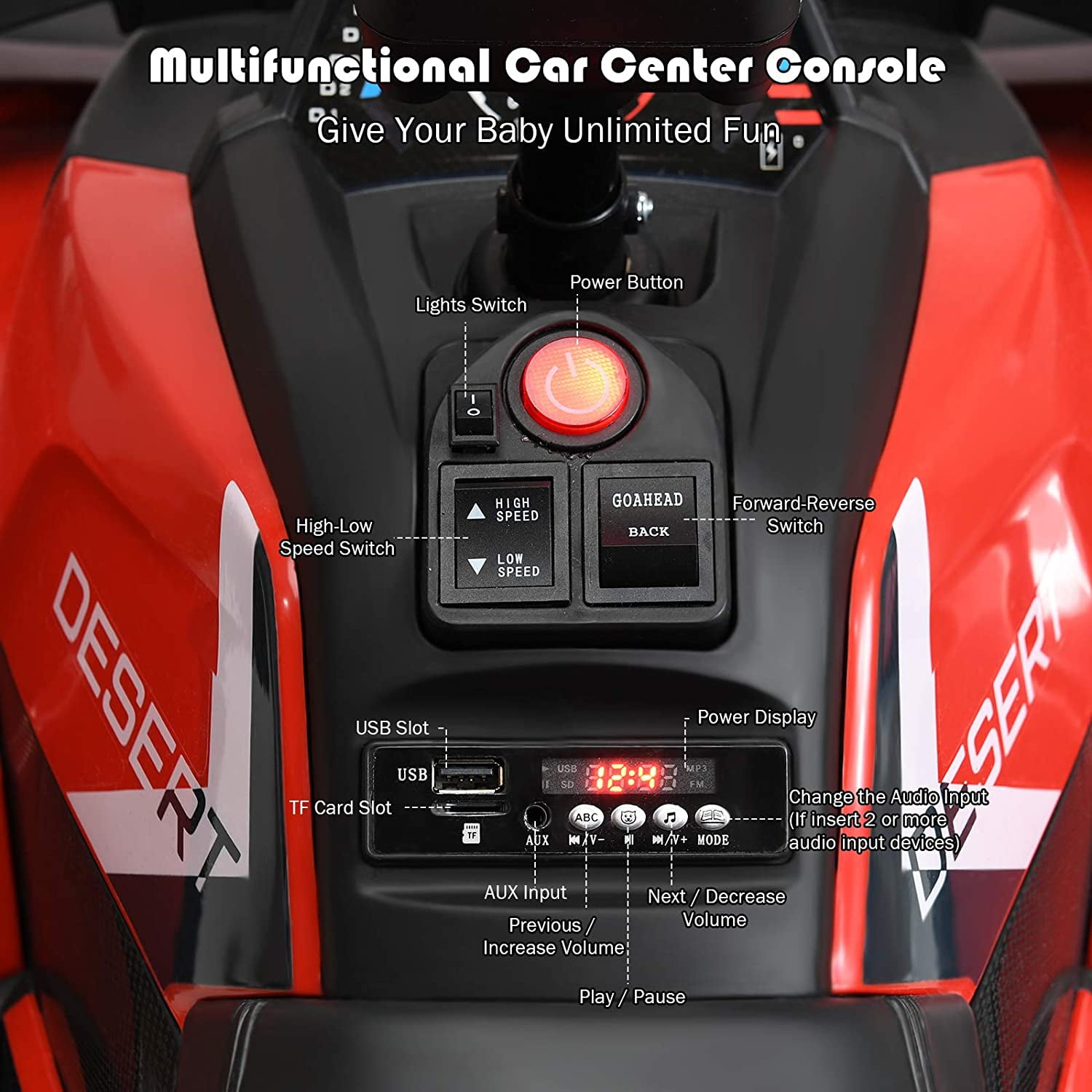 Private Jungle Ride on ATV,12V Battery Powered Electric Vehicle w/ Safety Belt,LED Lights,Horn,2 Speeds,USB/ MP3/TF,Rear Wheel Motorized Ride on 4 Wheeler Quad Car(Red)