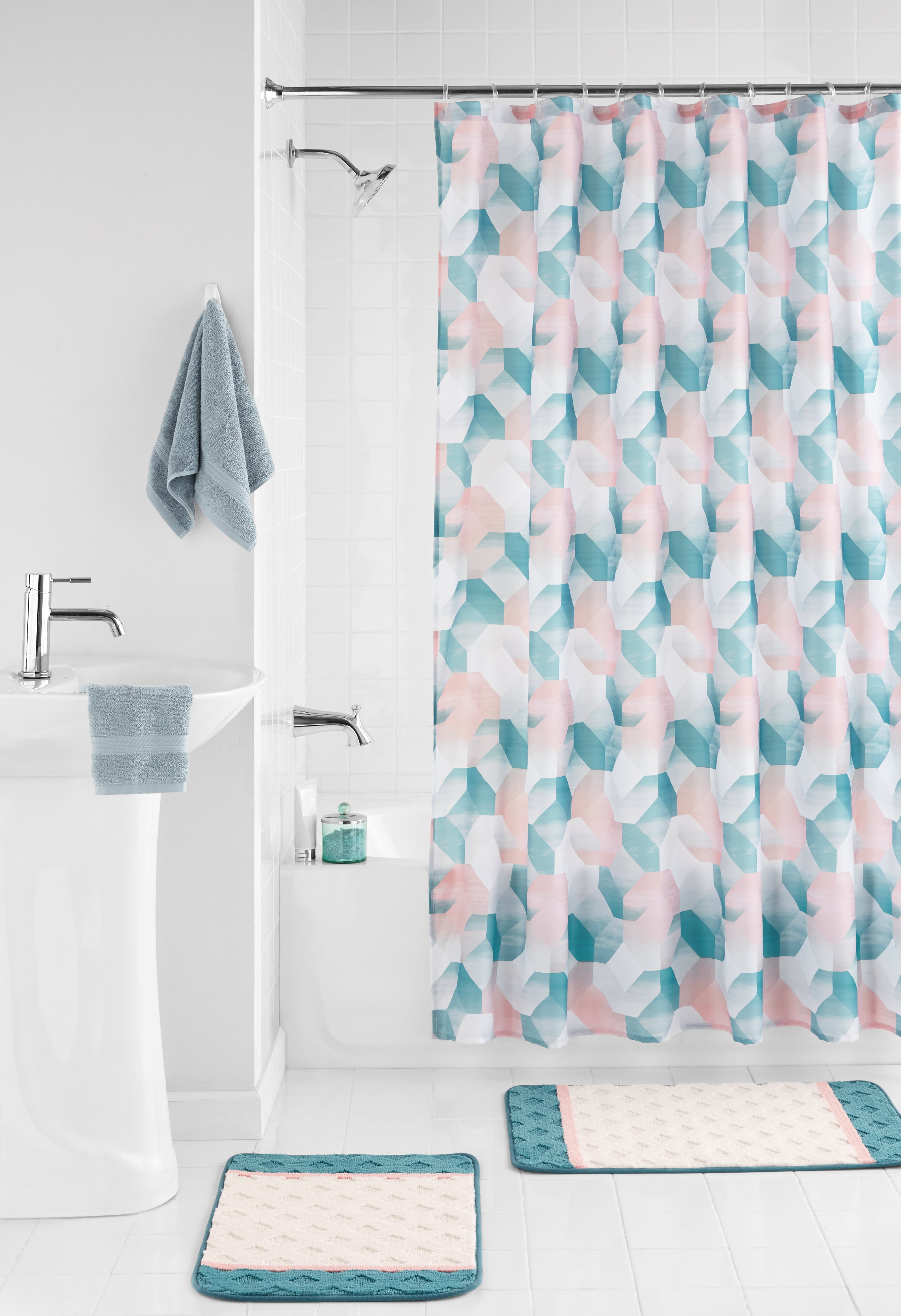 Multi Geometric 15 Piece Bathroom Set, Pink And Grey Geometric Shower Curtains