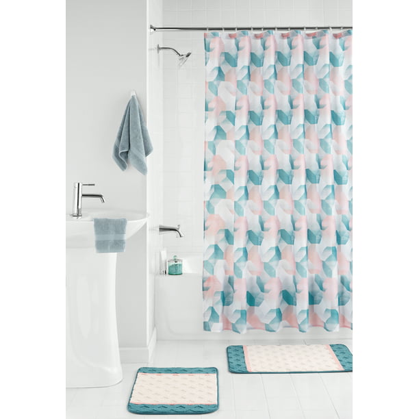 Multi Geometric 15 Piece Bathroom Set, Mainstays Shower Curtain Set With Bath Rugs