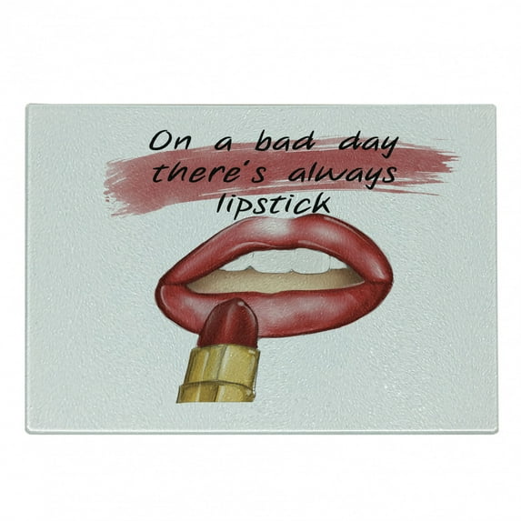Fashion Cutting Board, Bad Day Make up Words Sensual Beauty Theme Inspirational Illustration Print, Decorative Tempered Glass Cutting and Serving Board, Small Size, White and Coral, by Ambesonne