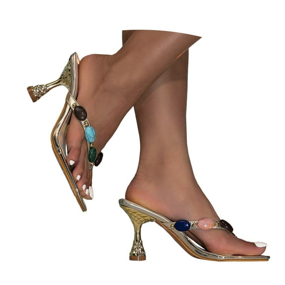 Mostsola Womens Thong Heeled Sandals Slip on Stiletto Flip Flops Square Open Toe High Heel Slide