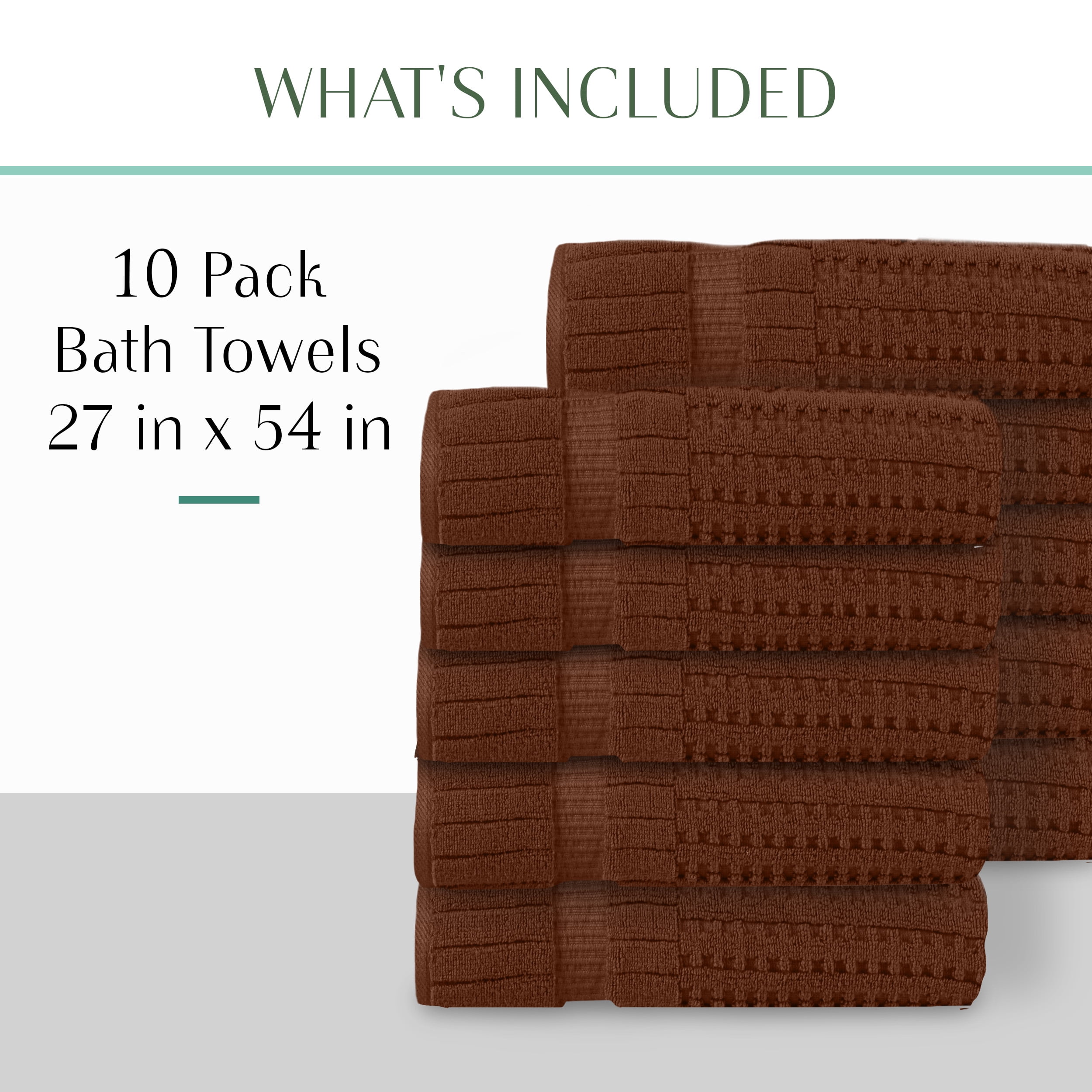 Home Weavers Willow Bath Towels Set of 10, 100% Cotton Zero Twist, 630 GSM, Soft Absorbent Quick Dry, 27x54 inch, Chocolate