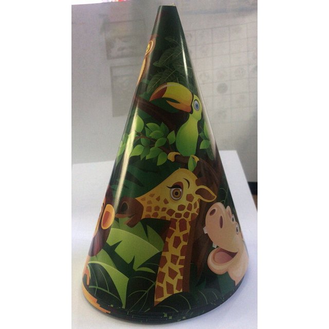 Suministros para fiestas de cumpleaños infantiles con diseño de animales de la jungla, sombreros, platos desechables, banderines decorativos