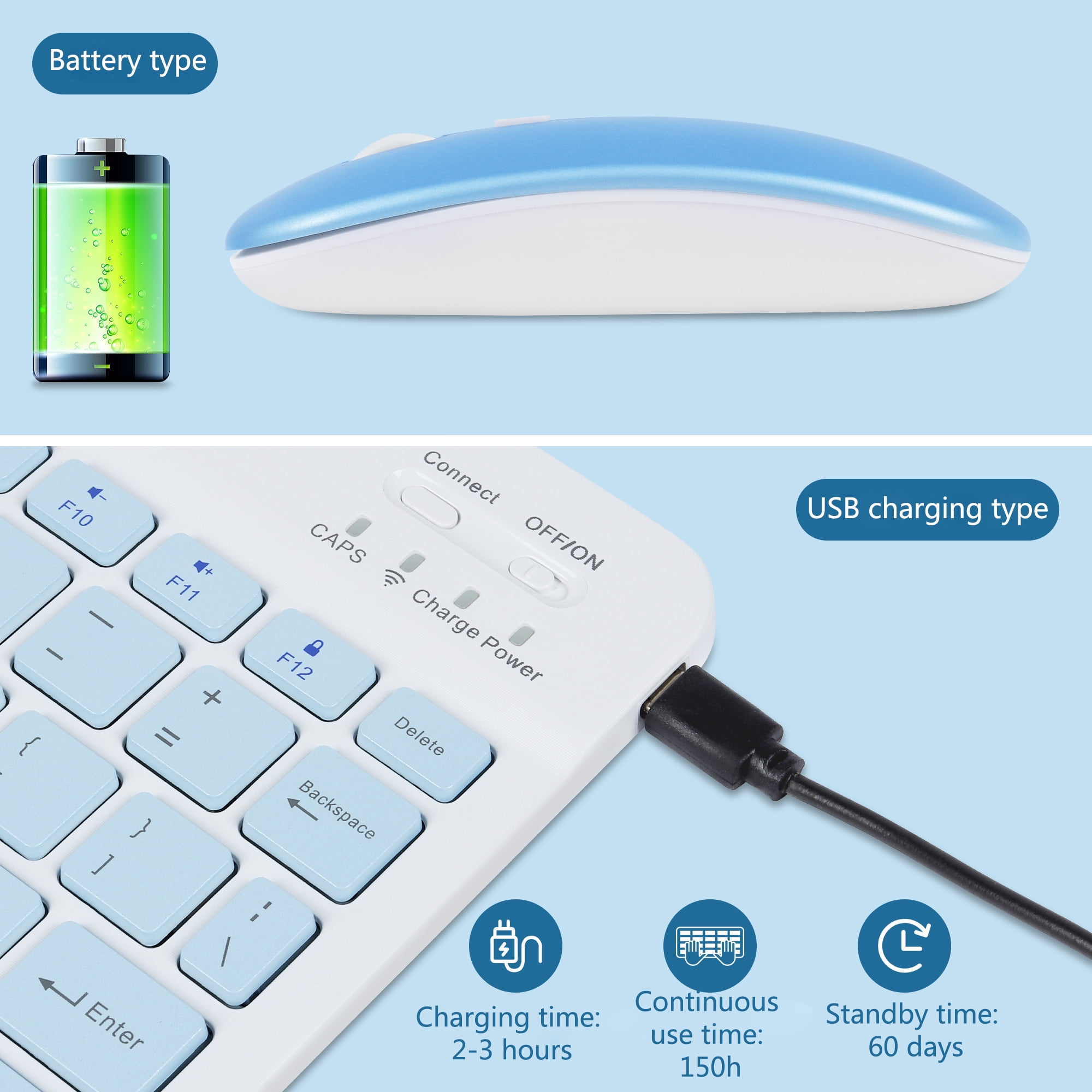 PloutoRich 10 inch Wireless Keyboard and Mouse Combos Mini Ultra-Slim 78 Keys Tablet Keyboard Portable Rechargeable Bluetooth Keyboard for Mac Windows, Blue