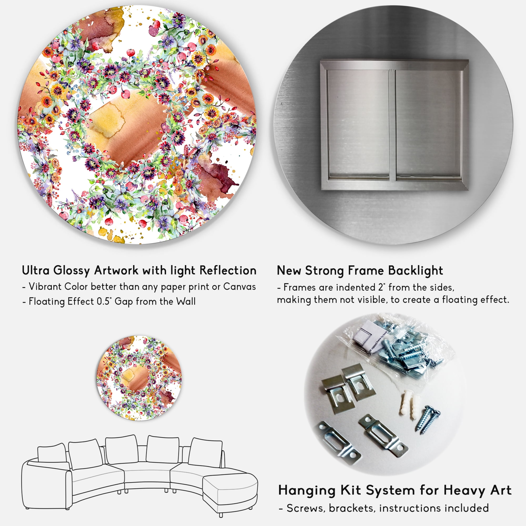 Designart 'Vibrant Wild Spring Leaves, Berries and Wildflowers' Modern Circle Metal Wall Art 23x23 - Disc of 23
