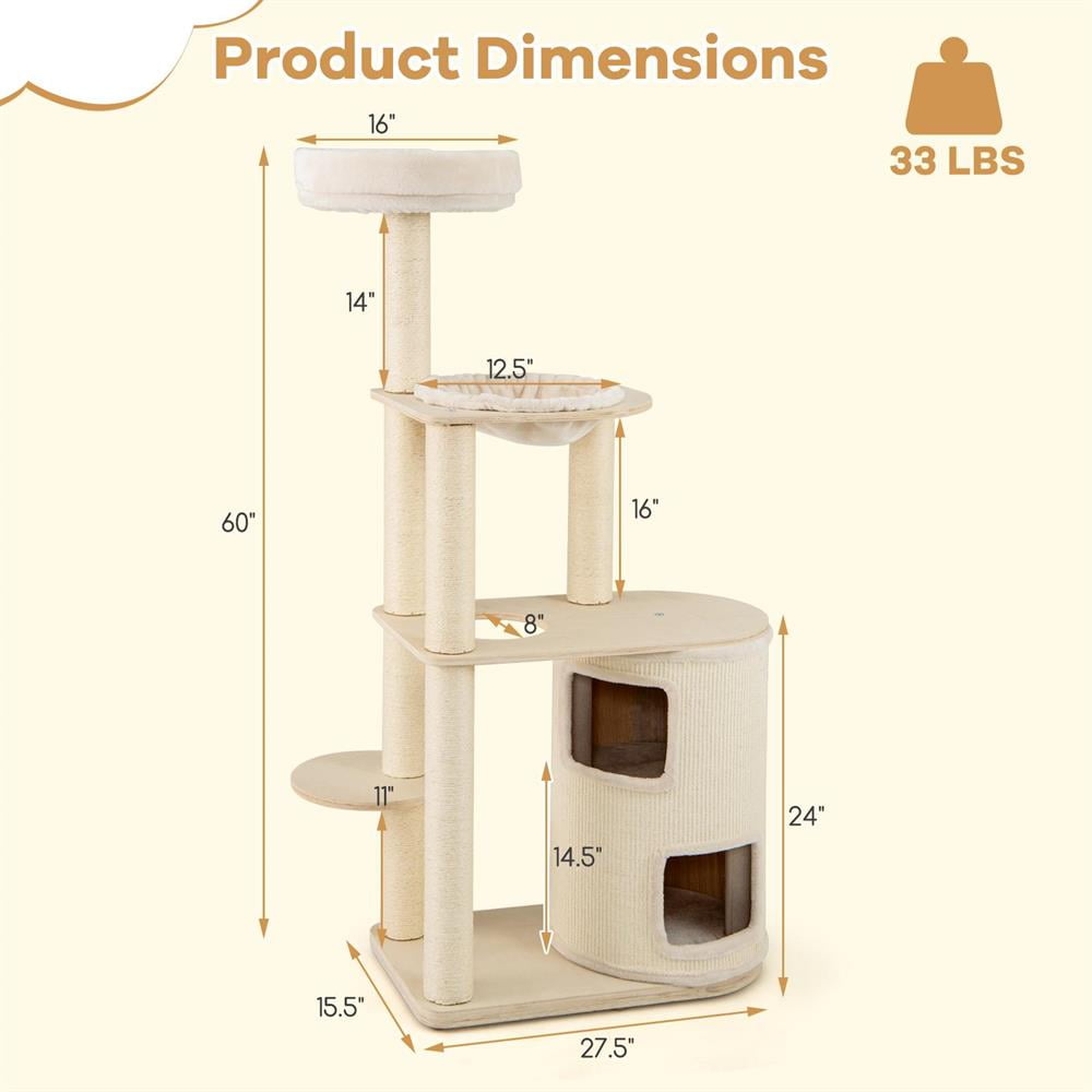 Choco Moon 60" Tall Cat Tree w/2-Story Condo & Sisal Posts, Cat Climbing Tower, Corner Cat Tree, Cat Condos for Indoor Cats-Natural