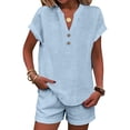 thumbnail image 3 of Women's Loose Fit 2 Piece Short Sets Short Sleeve Top with Wide Leg Bermuda Shorts Casual Beach Outfits Light Blue L, 3 of 4