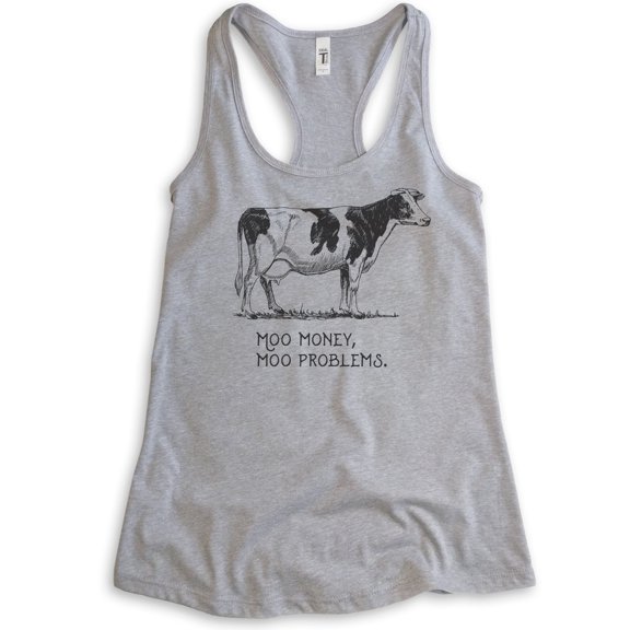 Moo Money Moo Problems Cow Tank Top, Ladies Racerback Tank Top, Farm Animal Tank, Cute Cow Tank, Heather Gray, Medium