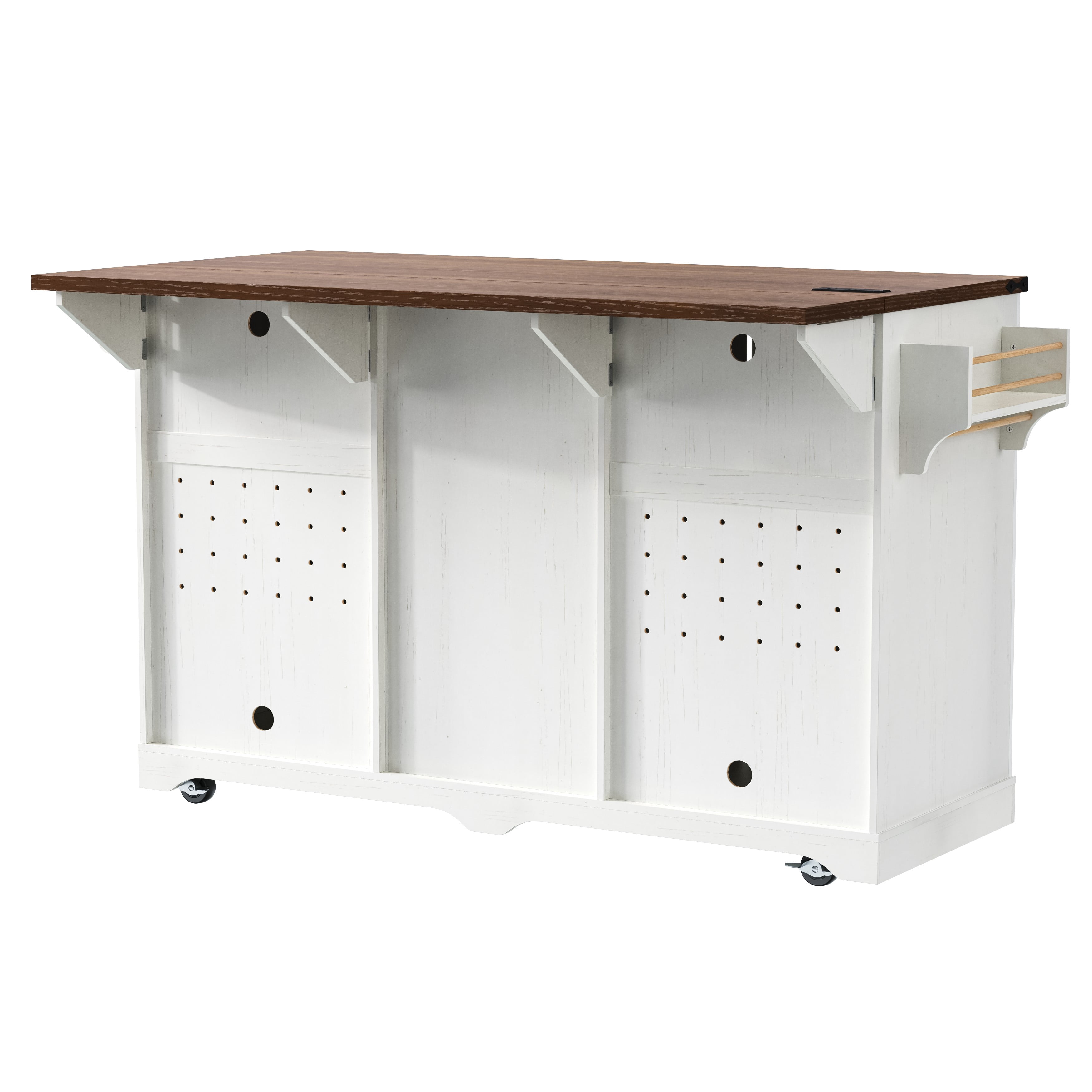 Aukfa 72" Farmhouse Kitchen Island with Fridge Space & Power Outlet, Rolling Storage Cart, White