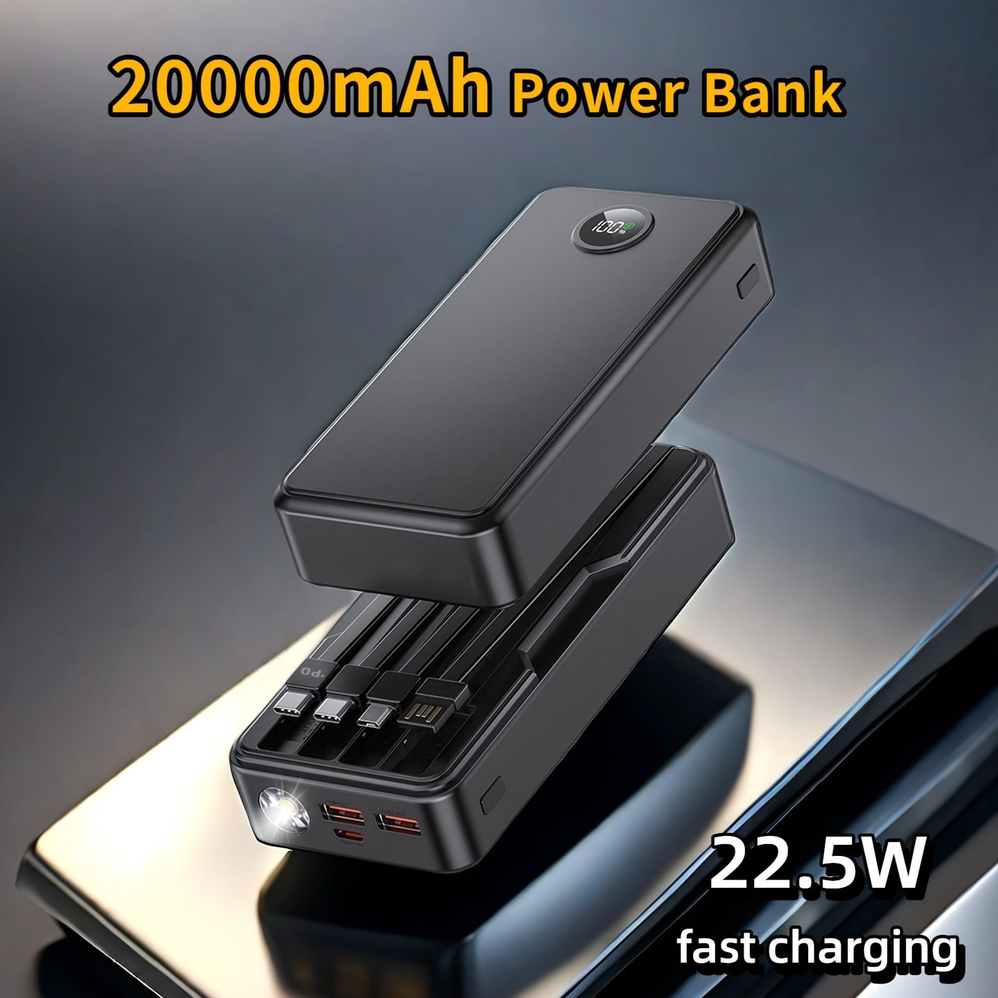 Travel Essential Portable 20000mAh Power Bank With 4 Built-in Cables,Travel Essential Portable Charger,22.5W Fast Charging Battery Charger,USB-C Input/Output, 6 Output 2 Input Cell Phone Battery Pack