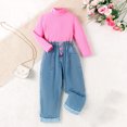 thumbnail image 4 of YWDJ 4-8 Years Old Spring And Autumns Set High Neck Long Sleeve Top Rolled Denim Pants Sports Leisure Two-piece Suit Pink 4Y, 4 of 9