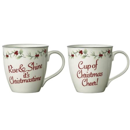 Pfaltzgraff Winterberry Christmas Cheer Porcelain Mugs 20 oz Set of 2, Cup of Christmas Cheer and Rise & Shine it's Christmastime