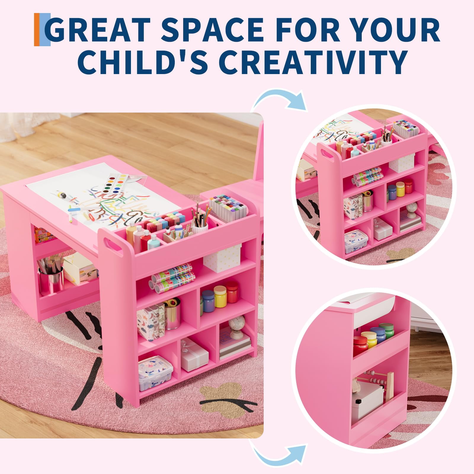 Litake Kids Art Table and 2 Chairs, Craft Table with Large Storage Shelves,Toddler Wooden Drawing Desk Activity & Crafts Children's Wooden Furniture for Classroom Daycares,Home