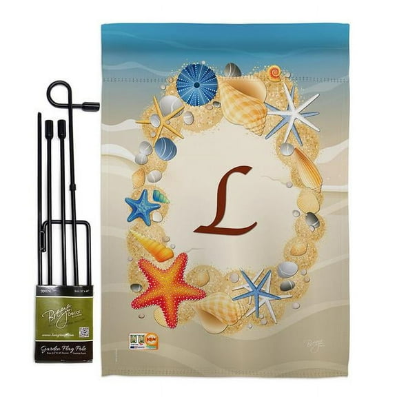 Breeze Decor BD-BN-GS-130168-IP-BO-D-US14-BD 13 x 18.5 in. Summer L Initial Coastal Beach Impressions Decorative Vertical Double Sided Garden Flag Set with Banner Pole