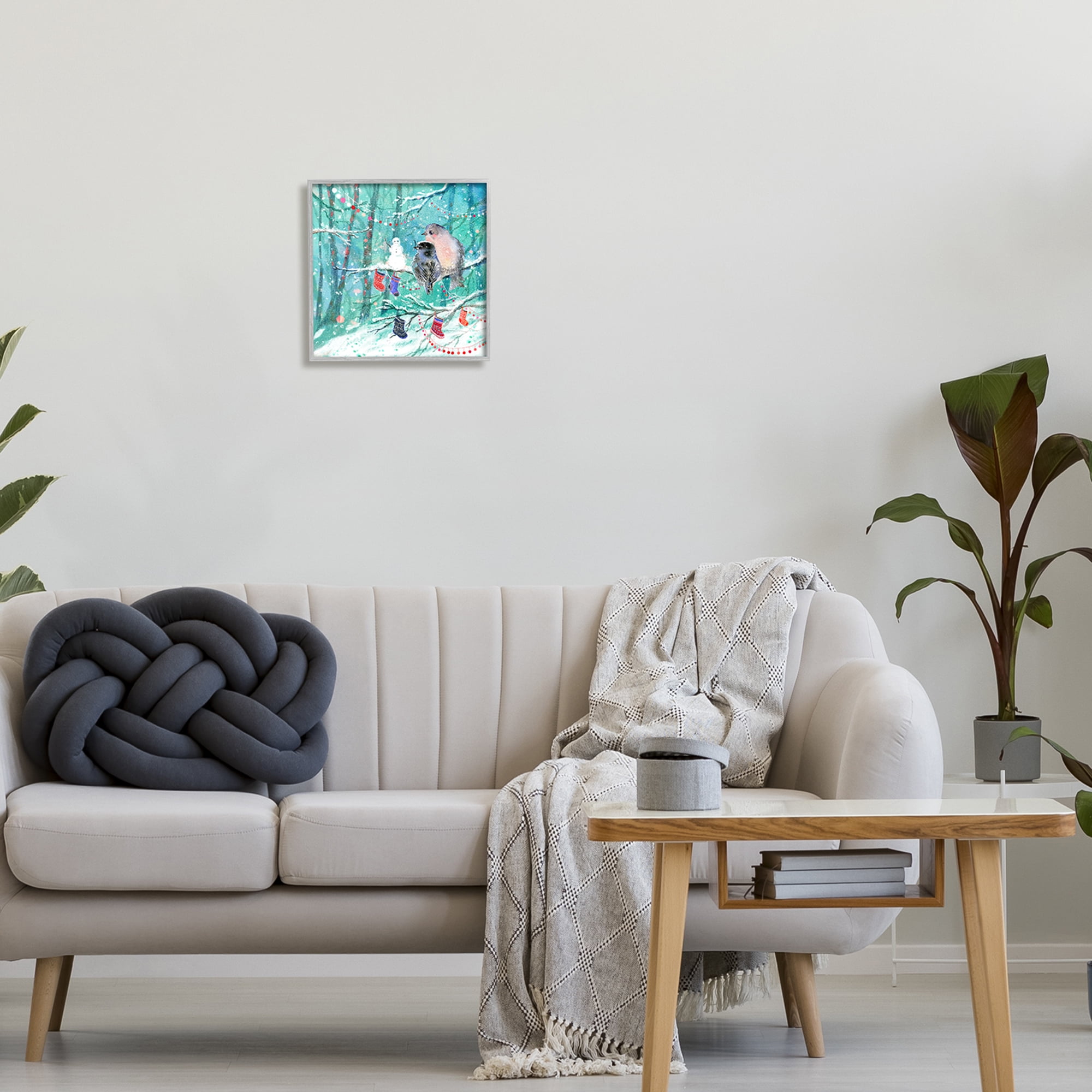 Stupell Industries Birds with Winter Stockings Holiday Painting Gray Framed Art Print Wall Art, 12 x 12