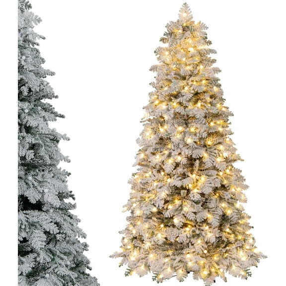 DORTALA 7 FT Pre-Lit Snow Flocked Christmas Tree, Artificial Hinged Xmas Tree with 320 Warm White LED & 160 Globe Lights, 806 Mixed Branch Tips, Foldable Metal Stand, Holiday Decor, White